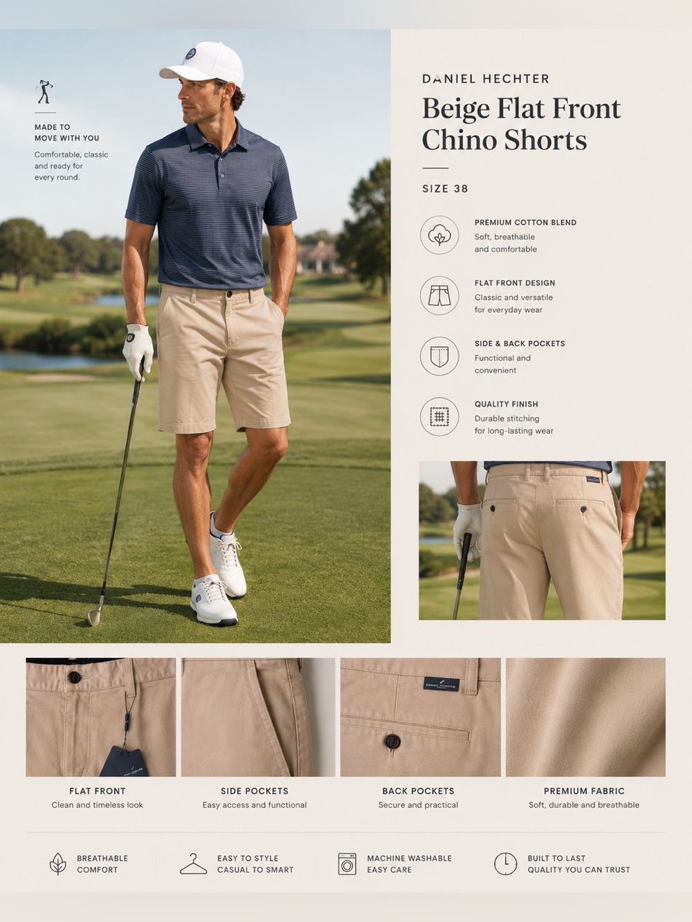 Daniel Hechter Beige Flat Front Chino Shorts Size 38